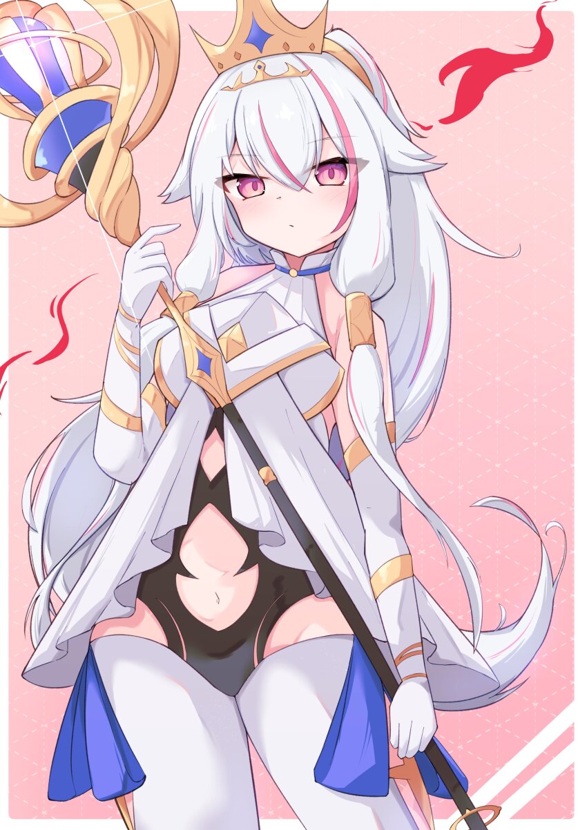 1girl absurdres bare_shoulders blush breasts closed_mouth clothing_cutout commentary_request crown detached_sleeves dress gigamera halterneck high_ponytail highres hip_vent holding holding_scepter long_hair long_sidelocks looking_at_viewer medium_breasts navel navel_cutout pink_background pink_eyes ponytail scepter shadowverse shadowverse:_worlds_beyond sidelocks simple_background sleeveless solo standing tiara very_long_hair very_long_sidelocks white_dress white_hair zirconia_(shadowverse)