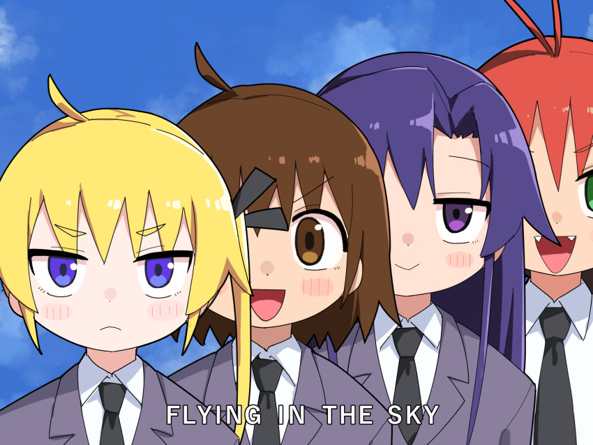 4girls antenna_hair black_necktie black_ribbon blonde_hair blue_eyes blush brown_eyes brown_hair closed_mouth collared_shirt english_text fangs g_gundam goshiki_agiri green_eyes grey_jacket gundam hair_ribbon highres jacket kill_me_baby long_hair looking_at_viewer multiple_girls necktie open_mouth oribe_yasuna parody purple_eyes purple_hair red_hair ribbon school_uniform shirt short_hair sky sonya_(kill_me_baby) unused_character_(kill_me_baby) upper_body white_shirt yachima_tana