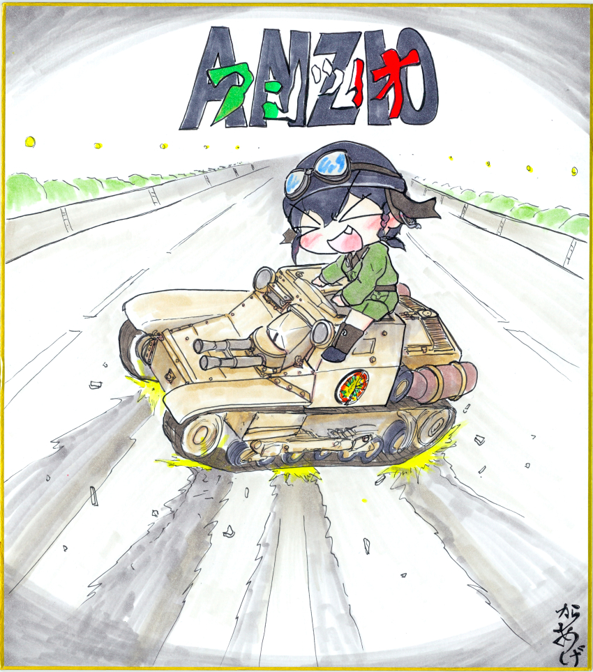1girl absurdres akira_(manga) akira_slide anzio_(emblem) anzio_military_uniform carro_veloce_cv-33 drifting emblem fang friedchicken_(huzimizawa) girls_und_panzer highres italian_flag military military_vehicle motor_vehicle painting_(medium) parody pepperoni_(girls_und_panzer) tank traditional_media vehicle_focus watercolor_(medium)