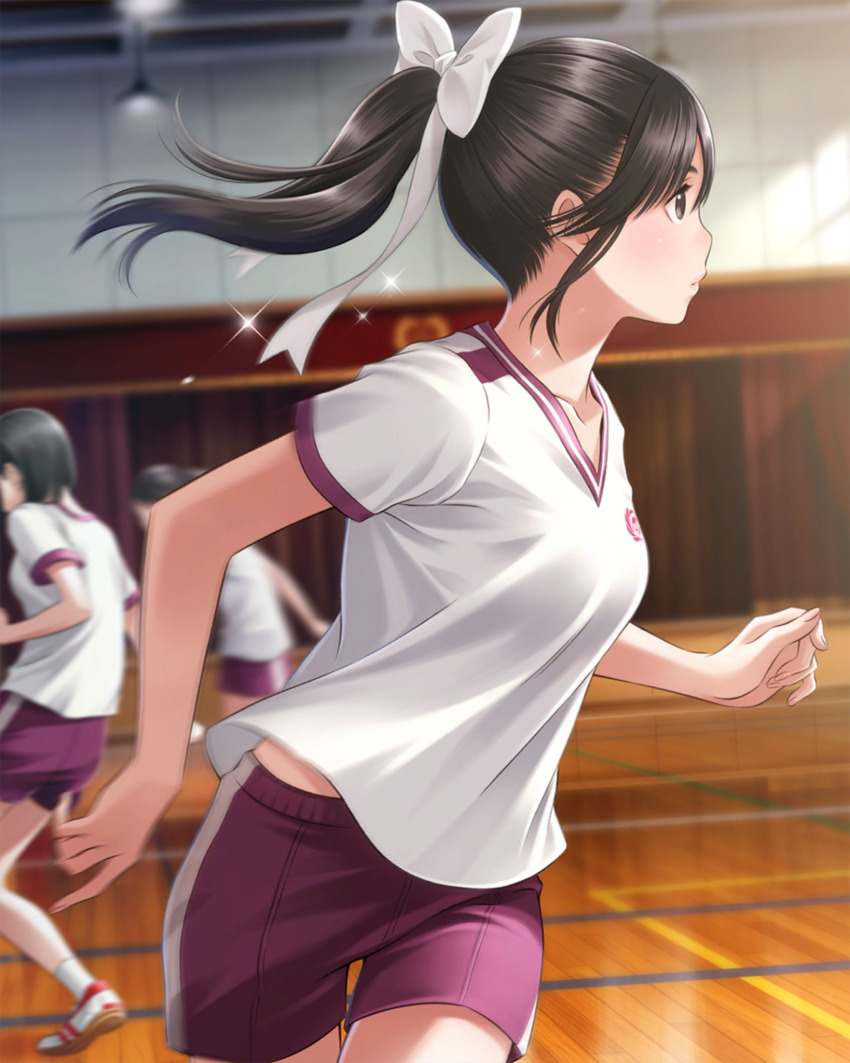 3girls black_eyes black_hair blurry blurry_background bokeh breasts ceiling_light closed_mouth collarbone cowboy_shot curtains depth_of_field gym gym_shirt gym_shorts gym_uniform hair_ornament hair_ribbon high_ponytail highres indoors love_plus medium_breasts motion_blur multiple_girls official_art pants pink_lips ponytail profile red_pants red_shorts ribbon running shirt shoes short_sleeves shorts sidelocks sparkling_sweat stage_curtains standing takane_manaka twisted_torso white_ribbon wooden_floor