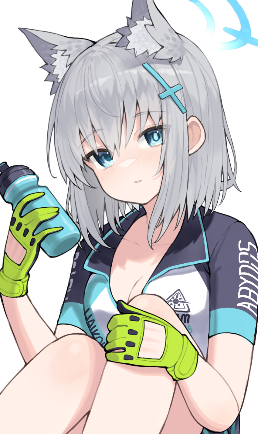 1girl absurdres animal_ear_fluff blue_archive blue_eyes bottle breasts cat cleavage gloves green_gloves grey_hair hair_ornament hairclip halo highres scarlet23i0 shiroko_(blue_archive) short_hair simple_background solo white_background