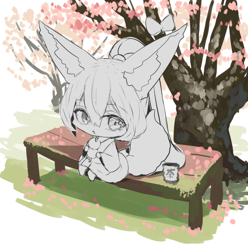 1girl absurdly_long_hair animal animal_ear_fluff animal_ears bug butterfly commentary_request cup dango eating food fox_ears fox_girl fox_tail hair_between_eyes highres holding holding_food insect japanese_clothes kimono long_hair long_sleeves on_bench original sitting solo tail tree very_long_hair wagashi wide_sleeves yunomi yuuji_(yukimimi)