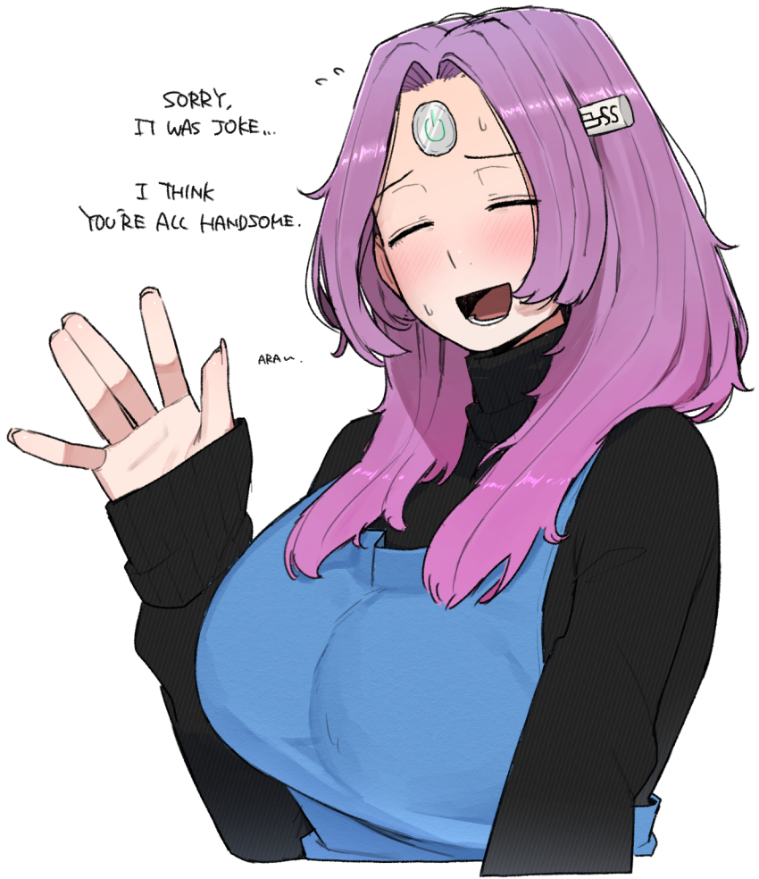 1girl apron blush english_text flying_sweatdrops highres long_hair long_sleeves ohasi open_mouth original pc_(ohasi) purple_hair simple_background sleeves_past_wrists solo sweat sweater turtleneck turtleneck_sweater upper_body usb waving white_background