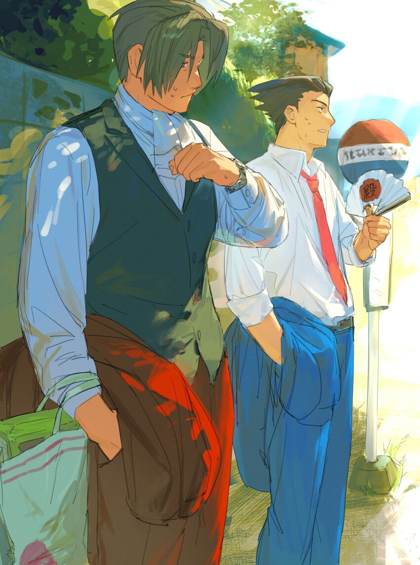 2boys ace_attorney ascot bag black_hair blue_jacket blue_pants closed_mouth collared_shirt day grey_hair hand_fan hand_in_pocket highres holding holding_unworn_clothes holding_jacket holding_unworn_clothes jacket kalappo_empty long_sleeves male_focus miles_edgeworth multiple_boys necktie outdoors pants phoenix_wright red_jacket red_necktie red_pants shirt sign spiked_hair standing sweat unworn_jacket vest white_shirt