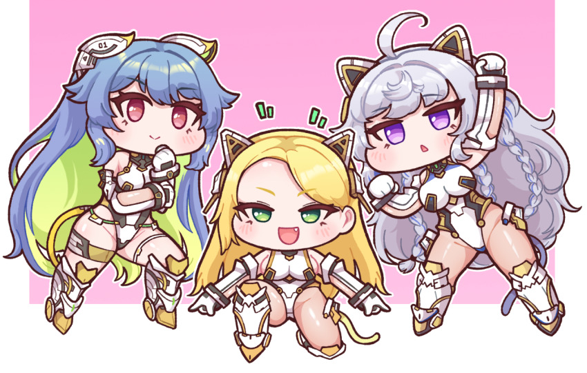 3girls :&gt; ahoge animal_ears blonde_hair blush boots braid breasts bulga cat_ears cat_tail chibi colored_inner_hair fang ginyu_force_pose green_eyes green_hair grey_hair huge_ahoge large_breasts last_origin long_hair mercury_(last_origin) multicolored_hair multiple_braids multiple_girls open_mouth purple_eyes red_eyes smile tail thigh_boots tiamat_(last_origin) triangle_mouth two-tone_hair ullr_(last_origin) very_long_hair