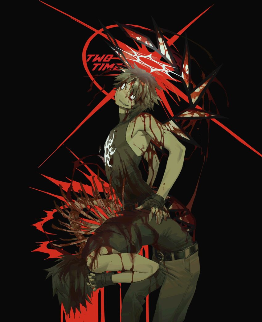 1other belt black_belt black_hair black_shirt blood bone fingerless_gloves forsaken_(roblox) gloves grey_pants hair_intakes halo highres no_medic1ne pants reincarnation ribs roblox shirt sleeveless sleeveless_shirt spine two_time_(forsaken) white_eyes wings