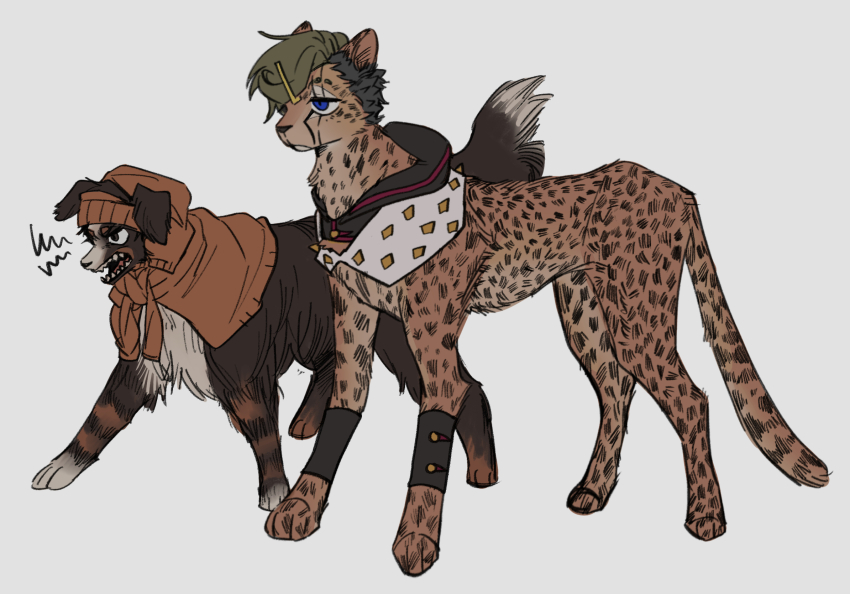 2boys angry animal_focus animalization barking beanie blue_eyes brown_fur cheetah dainenjiyama_aisho dog facial_mark green_hair hat higashikata_jobin highres hood hoodie jacket jitome jojo_no_kimyou_na_bouken jojolion multiple_boys no_humans swampland tied_jacket white_background