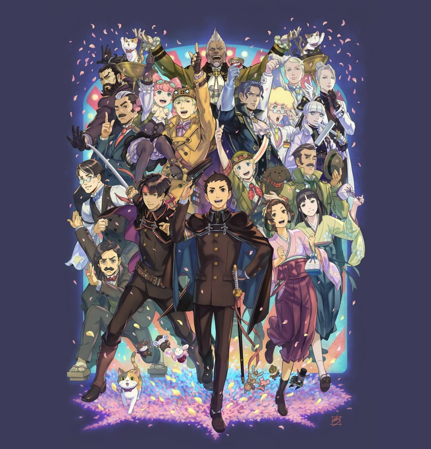 6+boys 6+girls :d :o ace_attorney albert_harebrayne aqua_eyes ashley_graydon barok_van_zieks beard black_gloves blonde_hair brown_eyes brown_gloves brown_hair cat chuunosuke_(ace_attorney) cloak courtney_sithe dog facial_hair fingerless_gloves formal_clothes full_beard gakuran gina_lestrade glasses gloves goatee grin hat herlock_sholmes highres holding holding_sword holding_unworn_clothes holding_unworn_hat holding_weapon iris_wilson katana kazuma_asogi long_hair looking_at_viewer mael_stronghart maria_gorey meiji_schoolgirl_uniform multiple_boys multiple_girls mustache nuri_kazuya nyasogi official_art one_eye_closed open_mouth pink_hair rei_membami ryunosuke_naruhodo satoru_hosonaga school_uniform second-party_source seishiro_jigoku short_hair smile soseki_natsume suit susato_mikotoba sword the_great_ace_attorney the_great_ace_attorney_2:_resolve tobias_gregson toby_(ace_attorney) unworn_hat unworn_headwear usato_(ace_attorney) wagahai_(ace_attorney) weapon white_hair yujin_mikotoba