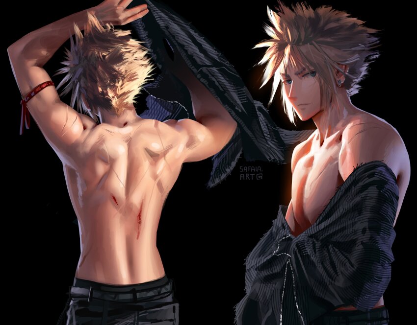 1boy absurdres arm_ribbon arms_up bare_shoulders black_background black_pants black_shirt blonde_hair blood_on_back blue_eyes closed_mouth cloud_strife collarbone commentary earrings final_fantasy final_fantasy_vii final_fantasy_vii_advent_children from_behind highres injury jewelry looking_at_viewer looking_to_the_side male_focus multiple_views pants red_ribbon ribbed_shirt ribbon safaia scar scar_on_back scar_on_chest scar_on_shoulder scar_on_shoulders serious shirt short_hair single_earring spiked_hair stud_earrings symbol-only_commentary toned toned_male topless_male undressing upper_body
