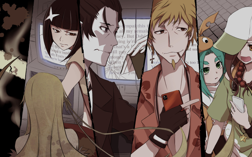 2boys 4girls 756san :3 :o :| angry aqua_hair bakemonogatari beads black_gloves black_hair black_jacket black_necktie blonde_hair bob_cut broken_glass broken_screen brown_eyes cable cellphone cigarette close-up closed_mouth cloud_print cobblestone commentary commission cracked_screen cross crt dress dress_shirt earrings english_text facial_hair facing_away fingerless_gloves from_above from_side gaen_izuko glass gloves goatee googly_eyes green_eyes green_shirt grimace hair_slicked_back hat hawaiian_shirt height_difference highres hikimayu holding holding_phone holding_wallet index_finger_raised inverted_cross inverted_cross_earrings jacket jewelry kagenui_yozuru kaiki_deishuu kiss-shot_acerola-orion_heart-under-blade logo_hair_ornament long_hair looking_ahead looking_at_another looking_away looking_to_the_side looking_up monogatari_(series) mouth_hold multicolored_hair multiple_boys multiple_girls multiple_views necklace necktie off-shoulder_shirt off_shoulder ononoki_yotsugi open_clothes open_mouth open_shirt orange_dress orange_headwear oshino_meme oshino_shinobu pale_skin panels parted_bangs parted_lips pectorals pendant phone pixiv_commission portrait prayer_beads red_hair shaded_face shirt short_eyebrows short_hair short_sleeves silhouette single_earring smartphone spiked_hair splatter stone_floor streaked_hair suit_jacket surprised suspenders thick_eyebrows upturned_eyes very_long_hair wallet wavy_mouth white_shirt