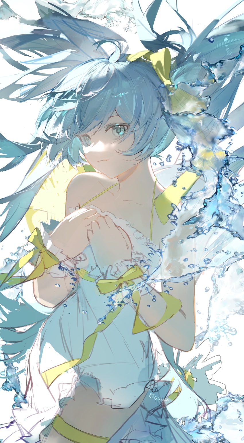 1girl absurdres arm_ribbon banned_artist bare_shoulders blue_eyes blue_hair bow chinese_commentary closed_mouth collarbone commentary_request cowboy_shot dress expressionless floating_hair frilled_dress frills glutton_(18152740927lx) hair_bow hands_on_own_chest hatsune_miku highres light_smile long_dress long_hair looking_at_viewer ribbon side_slit signature solo spaghetti_strap thigh_strap twintails very_long_hair vocaloid water water_drop white_background white_dress white_wrist_cuffs wrist_bow wrist_cuffs yellow_bow yellow_ribbon