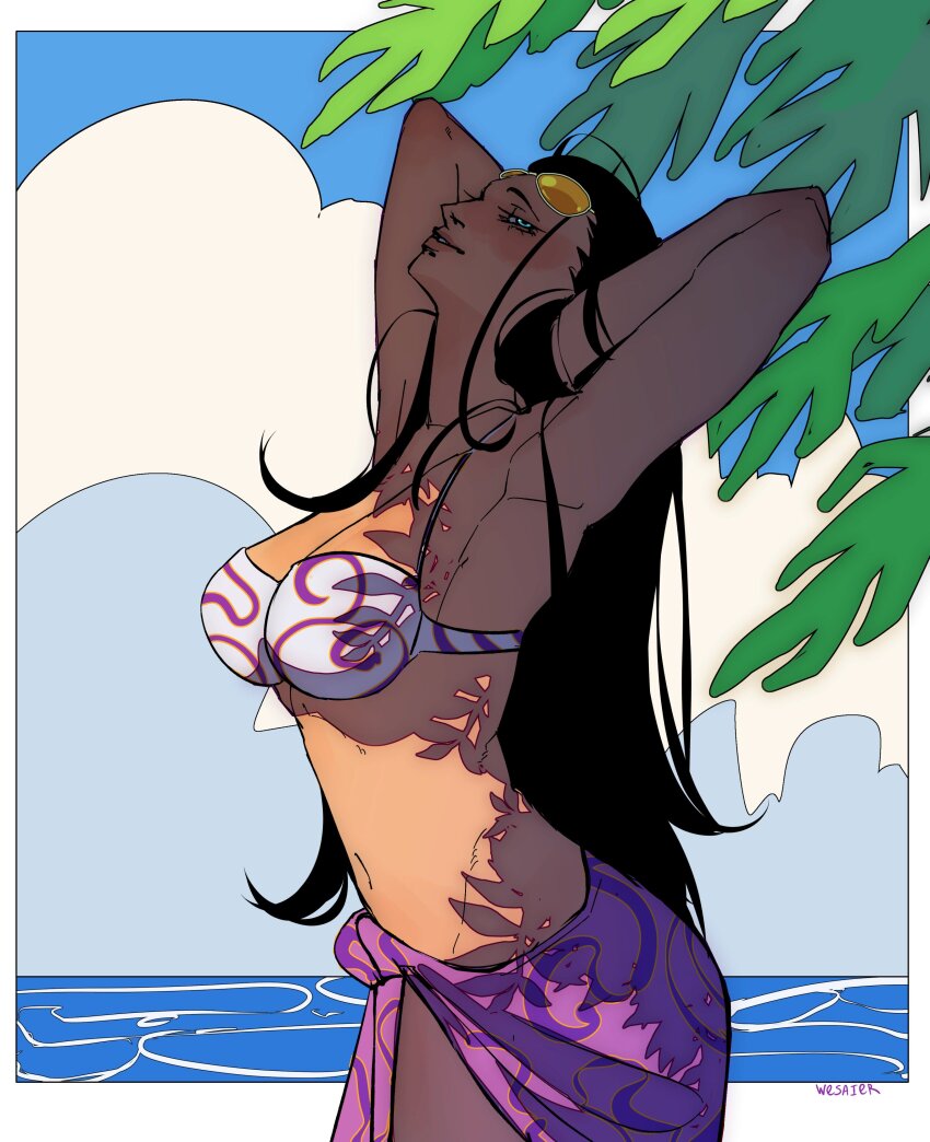1girl absurdres arms_up artist_name bikini black_hair breasts cloud cowboy_shot eyewear_on_head hands_in_own_hair highres large_breasts long_hair looking_at_viewer nico_robin ocean one_piece orange-tinted_eyewear palm_tree profile sarong shadow sidelocks sky solo swimsuit tinted_eyewear tree wesaier