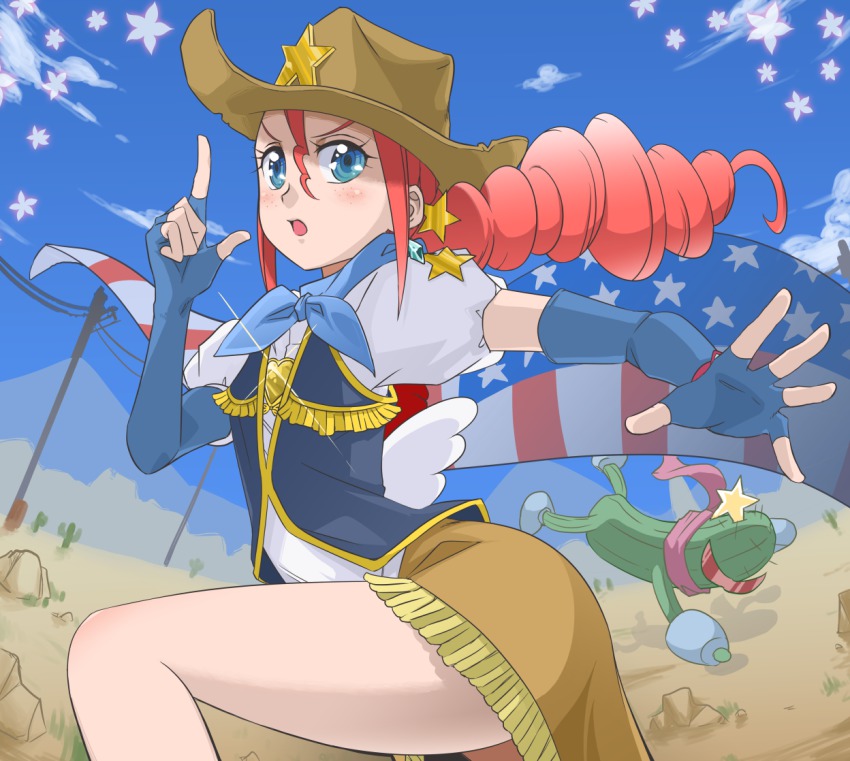 10s 1girl american_flag bad_id bad_pixiv_id blue_eyes blush bomber_girls_precure brooch brown_skirt cactus cowboy_hat cowboy_western day desert dongol drill_hair earrings elbow_gloves fingerless_gloves freckles fringe_trim glasses gloves happinesscharge_precure! hat heart heart_brooch jewelry long_hair magical_girl monster ponytail precure red_hair red_haired_cure_(bomber_girls_precure)_(happinesscharge_precure!) saiark scarf skirt sky vest