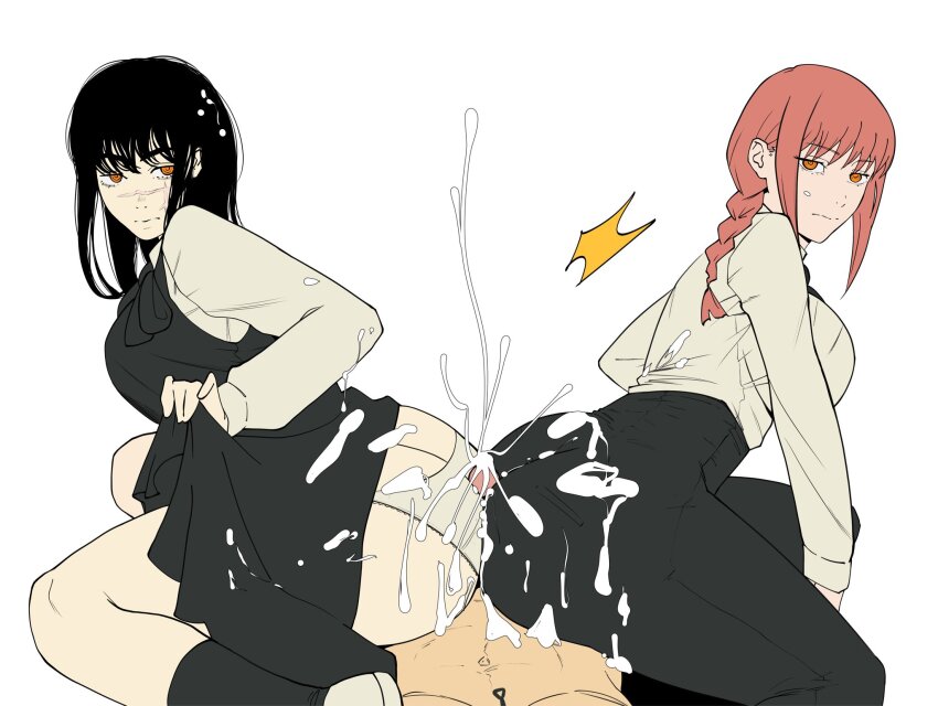 1boy 2girls black_hair braid braided_ponytail buttjob buttjob_over_clothes chainsaw_man clothes_lift dress expressionless group_sex hetero highres looking_at_viewer makima_(chainsaw_man) multiple_girls necktie office_lady panties pinafore_dress red_hair ringed_eyes scar scar_on_face school_uniform shirt shirt_lift sleeveless sleeveless_dress spaghetto087 threesome underwear white_shirt yellow_eyes yoru_(chainsaw_man)