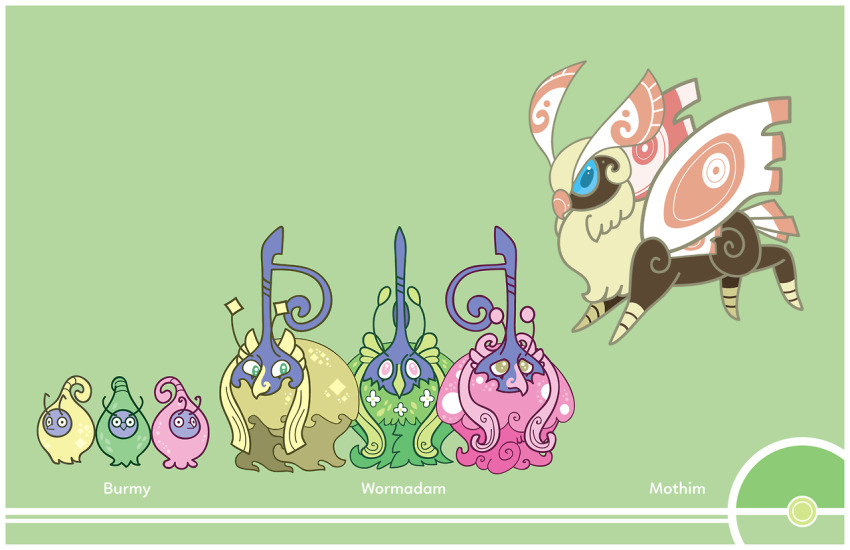 blue_eyes burmy burmy_(plant) burmy_(sandy) burmy_(trash) character_name commentary cosmopoliturtle creature english_commentary flying full_body gen_4_pokemon green_background green_eyes mothim nintendo no_humans poke_ball_symbol pokemon pokemon_(creature) simple_background wormadam wormadam_(plant) wormadam_(sandy) wormadam_(trash)