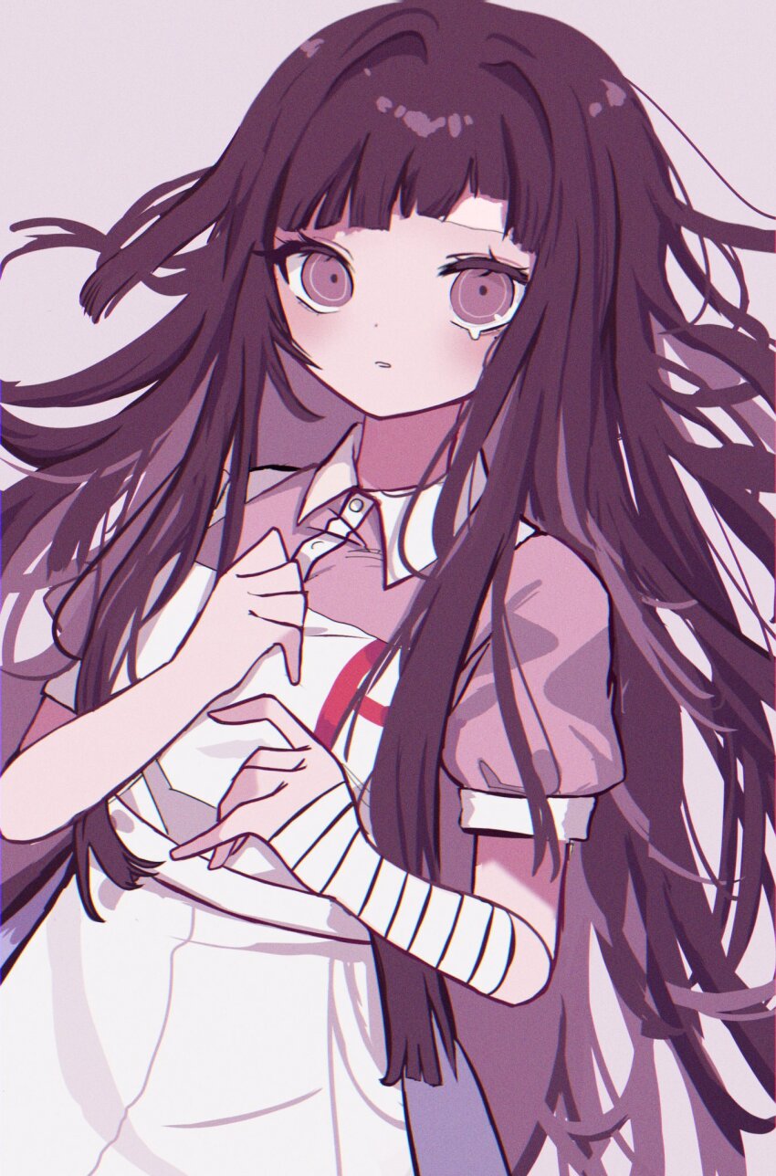 1girl :o apron bandaged_arm bandages breasts collared_shirt cowboy_shot danganronpa_(series) danganronpa_2:_goodbye_despair grey_background hands_up highres large_breasts messy_hair pink_eyes pink_shirt puffy_short_sleeves puffy_sleeves red_hair ringo_ame_no_ria shirt short_sleeves simple_background solo tears tsumiki_mikan two-tone_shirt white_apron