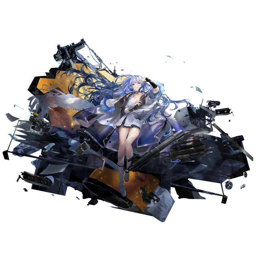 1girl black_gloves blue_eyes blue_hair book boots breasts dress faux_figurine fingerless_gloves full_body game_cg girls&#039;_frontline girls&#039;_frontline_neural_cloud gloves highres holding hubble_(neural_cloud) large_breasts long_hair looking_at_viewer multicolored_hair official_art porafree scarf solar_panel solo streaked_hair third-party_source transparent_background very_long_hair watch white_boots white_dress white_scarf wreckage wristwatch