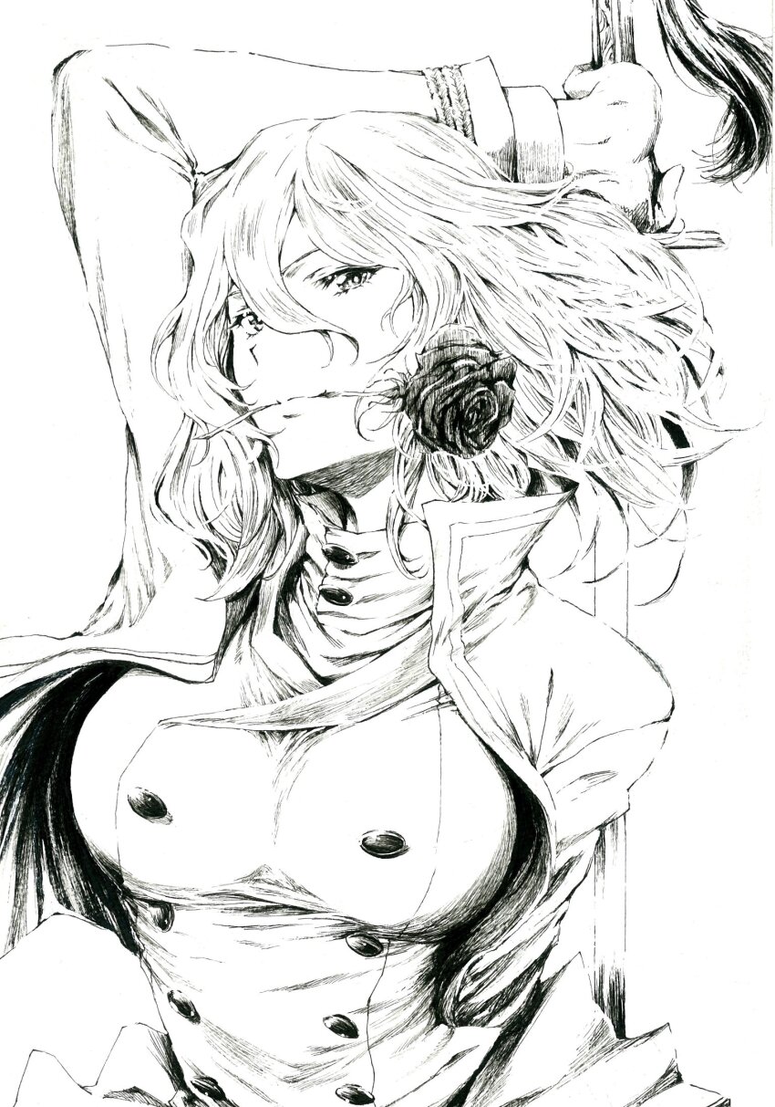1girl arm_up bc_freedom_military_uniform breasts buttons cowboy_shot double-breasted flower flower_in_mouth girls_und_panzer greyscale hair_between_eyes hashtag-only_commentary highres holding holding_sword holding_weapon large_breasts long_hair long_sleeves looking_at_viewer medium_hair monochrome oshida_(girls_und_panzer) sawamin simple_background sketch solo sword tassel upper_body weapon white_background