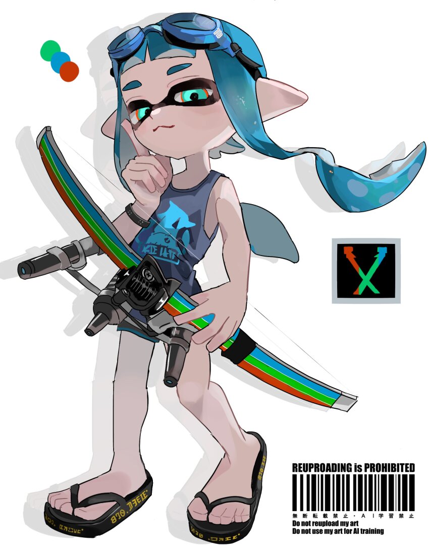 1girl absurdres aqua_eyes black_sandals blue_hair bow_(weapon) closed_mouth color_guide fegrqzf full_body goggles goggles_on_head highres holding holding_bow_(weapon) holding_weapon inkling inkling_girl inkling_player_character long_hair looking_at_viewer nintendo pointy_ears sandals smile solo splatoon_(series) splatoon_3 standing tentacle_hair toes tri-stringer_(splatoon) weapon white_background