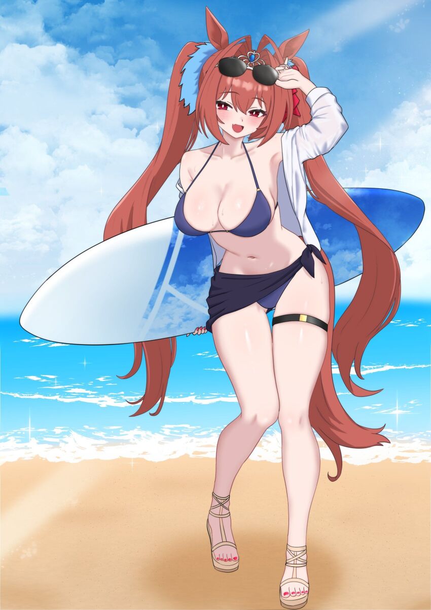 1girl animal_ears beach bikini black_sarong blue_bikini blush breasts cleavage commentary_request daiwa_scarlet_(umamusume) day full_body highres holding holding_surfboard horse_ears horse_girl horse_tail korean_commentary large_breasts long_hair looking_at_viewer ocean oldsickkim open_mouth red_eyes red_hair sarong smile solo standing surfboard swimsuit tail thighs twintails umamusume very_long_hair