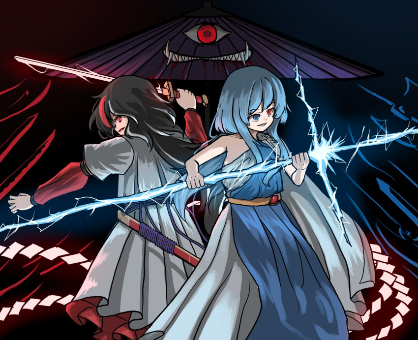 2girls allcy49 alternate_costume ancient_greek_clothes black_hair blue_eyes blue_hair blue_robe greco-roman_clothes heterochromia highres holding holding_sword holding_weapon japanese_clothes karakasa_obake kijin_seija kimono long_hair multicolored_hair multiple_girls red_eyes robe sharp_teeth sleeveless sword tatara_kogasa teeth touhou umbrella weapon white_robe