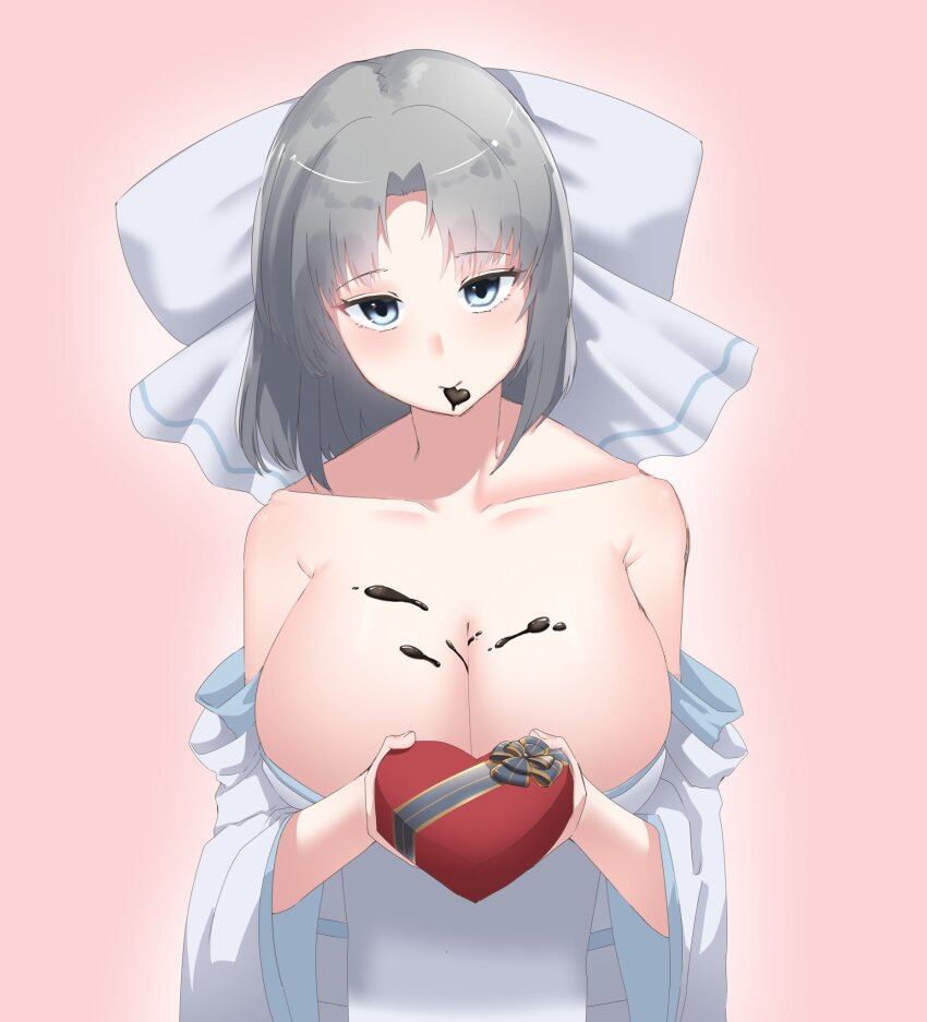 1girl azareiya_0702 blue_eyes bow box breasts candy chocolate chocolate_heart chocolate_on_body chocolate_on_breasts cleavage food food_in_mouth food_on_body gessen_academy_school_uniform gift gift_box grey_hair hair_bow happy_valentine heart heart-shaped_box highres japanese_clothes kimono large_breasts light_blush looking_at_viewer low_neckline medium_hair pink_background pov ribbon-trimmed_kimono ribbon_trim senran_kagura smile striped_bow white_background white_bow white_kimono yumi_(senran_kagura)
