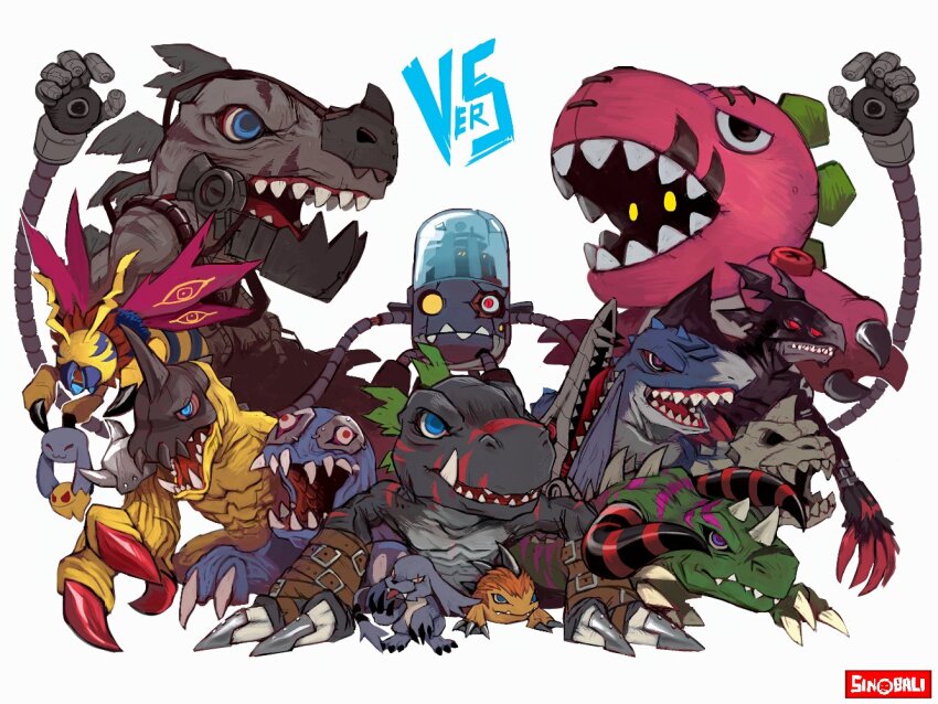 belt blue_eyes claws cyclomon darktyranomon deltamon devidramon digimon digimon_(creature) ex-tyranomon flymon gazimon gizamon horns metaltyranomon nanomon open_mouth pagumon raremon sharp_teeth simple_background teeth tuskmon tyrannosaurus_rex white_background zurumon
