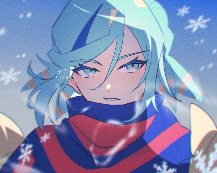 1boy aqua_eyes aqua_hair blue_scarf blurry commentary_request day eyelashes grusha_(pokemon) hair_between_eyes highres jacket male_focus mocacoffee_1001 nintendo outdoors pokemon pokemon_sv scarf signature snowflakes solo striped_clothes striped_scarf teeth upper_body yellow_jacket