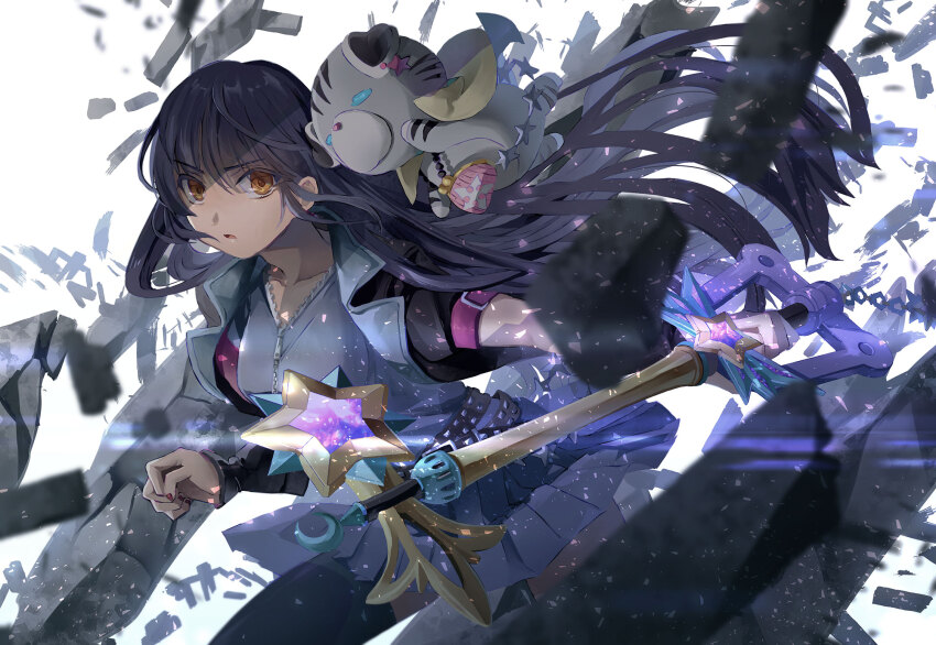 1girl black_hair black_thighhighs brown_eyes chirithy commentary_request creature floating_hair grey_shirt grey_skirt highres holding holding_weapon jacket keyblade kingdom_hearts kingdom_hearts_x long_hair looking_at_viewer maimai_melc open_clothes pleated_skirt shirt short_sleeves skirt skuld_(kingdom_hearts) straight_hair thighhighs weapon white_background