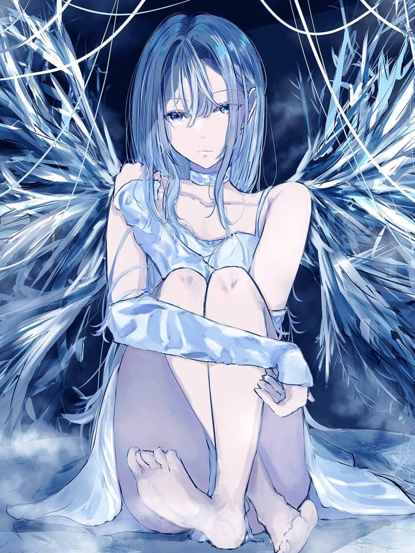 1girl ado_(utaite) barefoot blue_eyes blue_hair choker commentary detached_sleeves doctor-x dress fake_wings hair_between_eyes hashtag-only_commentary highres long_hair long_sleeves looking_at_viewer sitting solo spaghetti_strap tanake_(tanakei_ado) white_choker white_dress wings