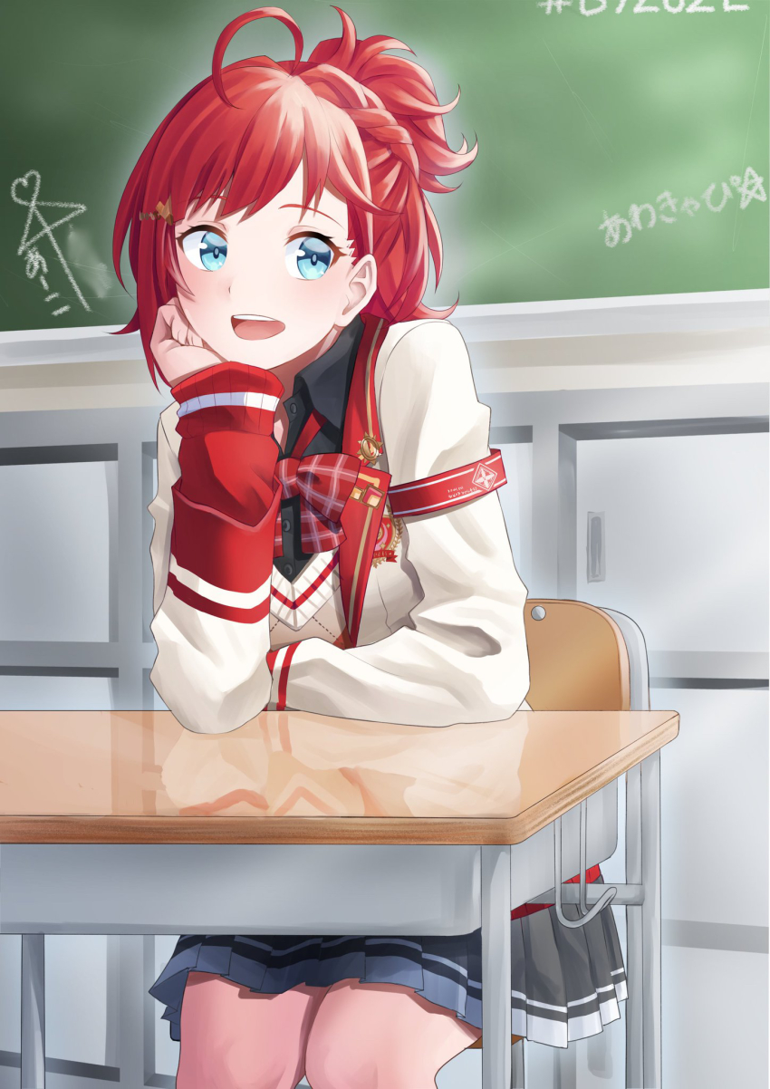 1girl aboreen ahoge asahina_akane_(1st_costume)_(nijisanji) asahina_akane_(nijisanji) beige_cardigan black_shirt black_skirt blue_eyes cardigan chalkboard classroom collared_shirt desk eyebrows_hidden_by_hair hair_behind_ear highres nijisanji open_mouth red_hair school_uniform shirt skirt solo virtual_youtuber