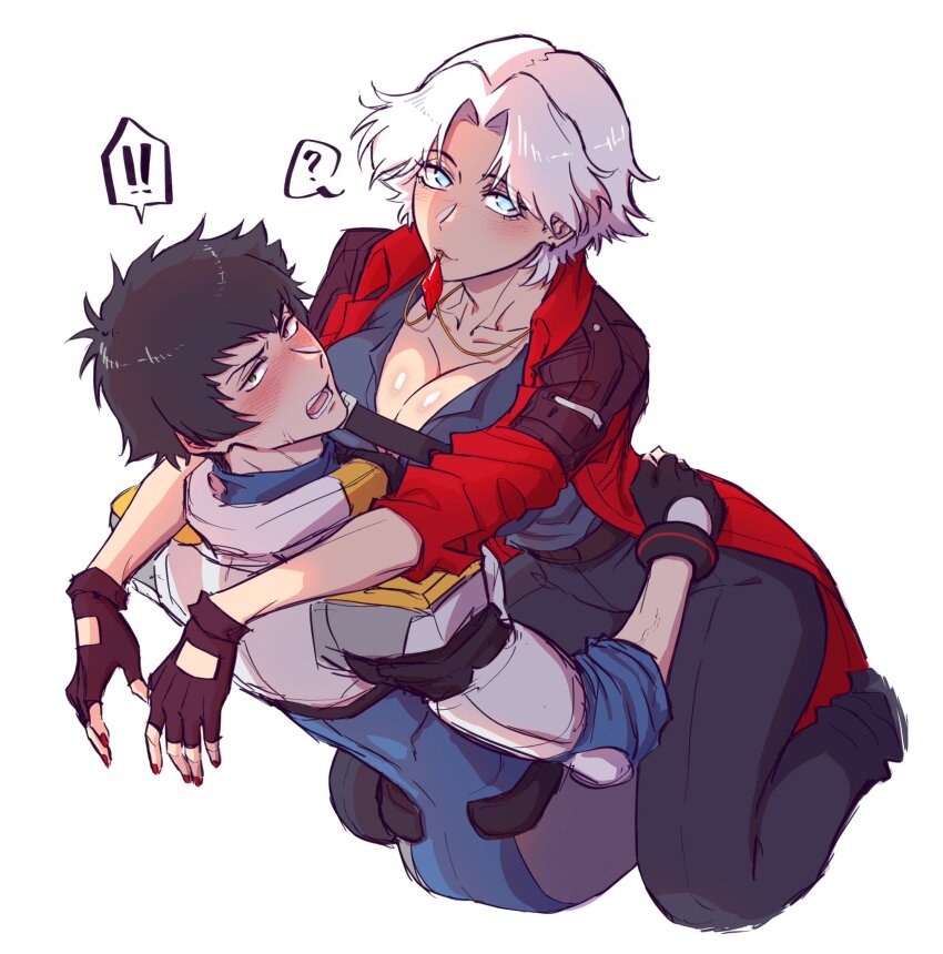 1boy 1girl abs black_gloves black_hair breasts cleavage coat dante_(devil_may_cry) devil_may_cry_(netflix) devil_may_cry_(series) fingerless_gloves genderswap genderswap_(ftm) genderswap_(mtf) gloves heterochromia highres jacket lady_(devil_may_cry) large_breasts looking_at_viewer muscular navel pichuuuchan red_coat red_eyes short_hair simple_background white_hair