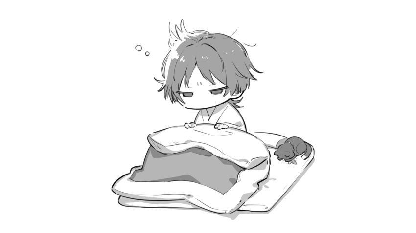 1boy alternate_costume animalization blanket buku2_suisou cat chibi chibi_only faceplant furrowed_brow futon genshin_impact getting_up greyscale half-closed_eyes highres holding holding_blanket long_sleeves male_focus messy_hair monochrome no_headwear no_mouth no_nose pajamas person_and_animalization pillow robe scaramouche_(cat)_(genshin_impact) scaramouche_(genshin_impact) shade short_hair simple_background sitting sketch solo squeans two-handed under_covers wanderer_(genshin_impact) white_background