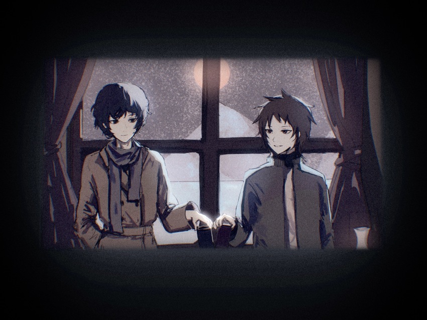 2boys absurdres alternate_costume black_eyes black_hair black_jacket brown_coat brown_eyes brown_hair brown_shirt chromatic_aberration closed_mouth coat cup film_grain grey_scarf harada_minoru highres holding holding_cup huoshanjiu indoors jacket male_focus multiple_boys open_mouth saibou_shinkyoku scarf shirt smile solo trench_coat utsugi_noriyuki