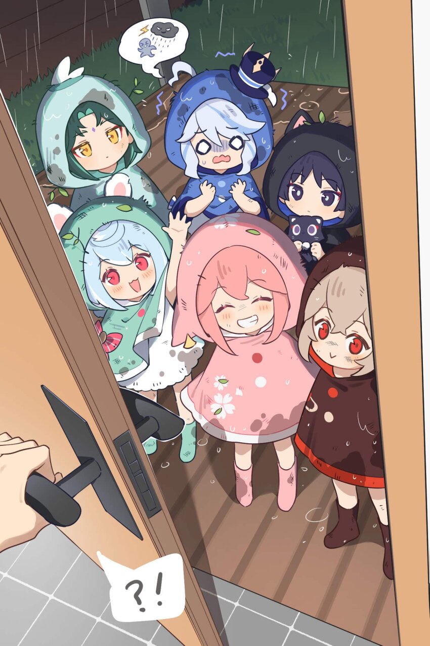 !? 3boys 3girls :&gt; aged_down ahoge alternate_costume animal animal_ear_hood animal_ears animalization aqua_boots aqua_hood arm_up black_cloak black_hair black_hood blank_eyes blue_cloak blue_hair blue_hood blunt_ends blush boots bow bright_pupils brown_boots brown_cloak brown_hood cat_ears clenched_hand cloak closed_eyes crossed_bangs dirty dirty_clothes dirty_face door_handle dress eyeliner eyeshadow facial_mark facing_up facing_viewer fake_animal_ears floral_print forehead_mark fox_ears furina_(genshin_impact) genshin_impact grass green_cloak green_hair green_hood grin hair_between_eyes hair_intakes hands_up hat hei_lang highres holding holding_animal hood hood_up hooded_cloak kaedehara_kazuha lace lace-trimmed_dress lace_trim leaf looking_at_viewer looking_up makeup mini_hat mini_top_hat multicolored_hair multiple_boys multiple_girls official_alternate_costume open_hand open_hands open_mouth opening_door partially_shaded_face person_and_animalization pink_cloak pink_hair pink_hood porch pov pov_hands puddle rain red_bow red_eyeliner red_eyes red_eyeshadow red_trim rubber_boots scaramouche_(cat)_(genshin_impact) scaramouche_(genshin_impact) sea_slug_ears shadow sidelocks sigewinne_(genshin_impact) smile spoken_character spoken_interrobang spoken_object standing streaked_hair sweatdrop teeth top_hat trembling twig two-sided_hood wanderer_(genshin_impact) wet wet_clothes white_dress white_hair white_pupils white_trim wilted_ahoge wispy_bangs xiao_(genshin_impact) yae_miko yellow_eyes