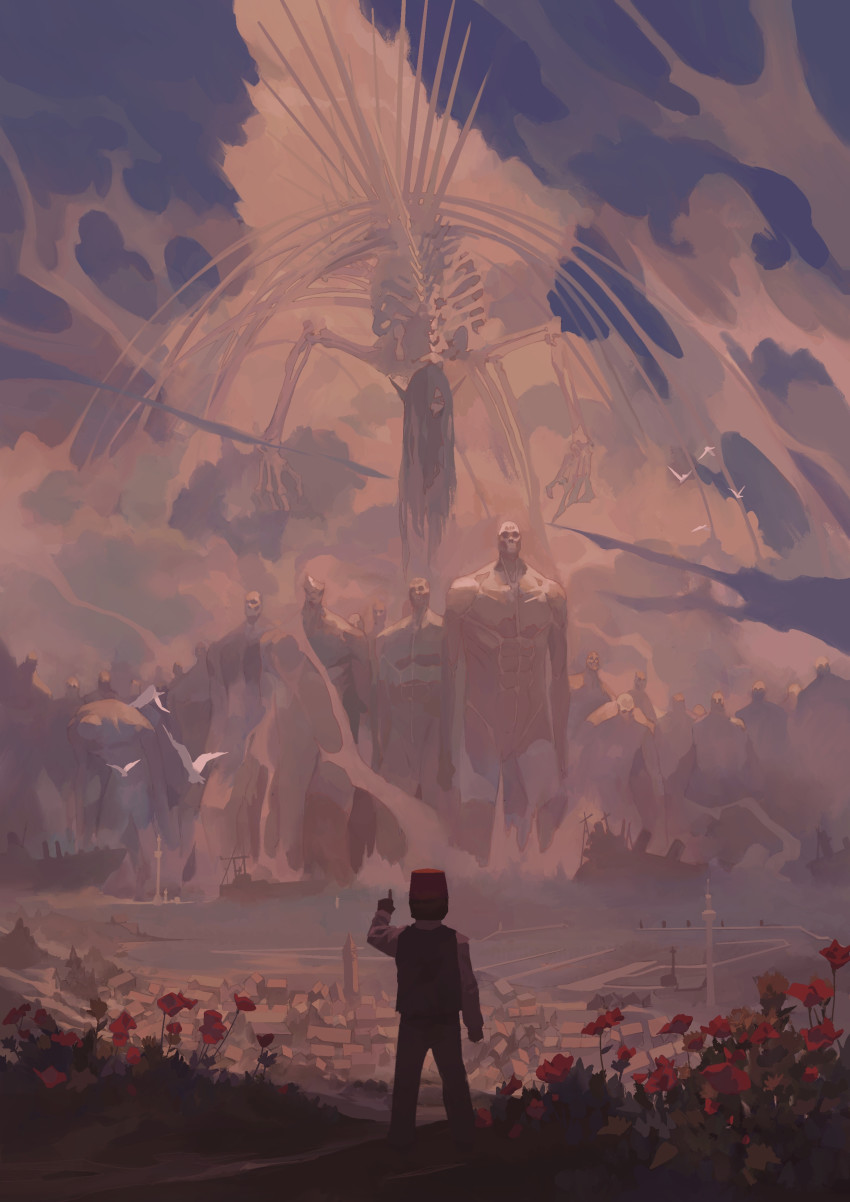 absurdres bird black_hair building city eren_yeager flower founding_titan hat highres leonardo_vincent pointing pointy_ears red_headwear seagull shingeki_no_kyojin ship skeleton titan_(generic)_(shingeki_no_kyojin) titan_(shingeki_no_kyojin) watercraft