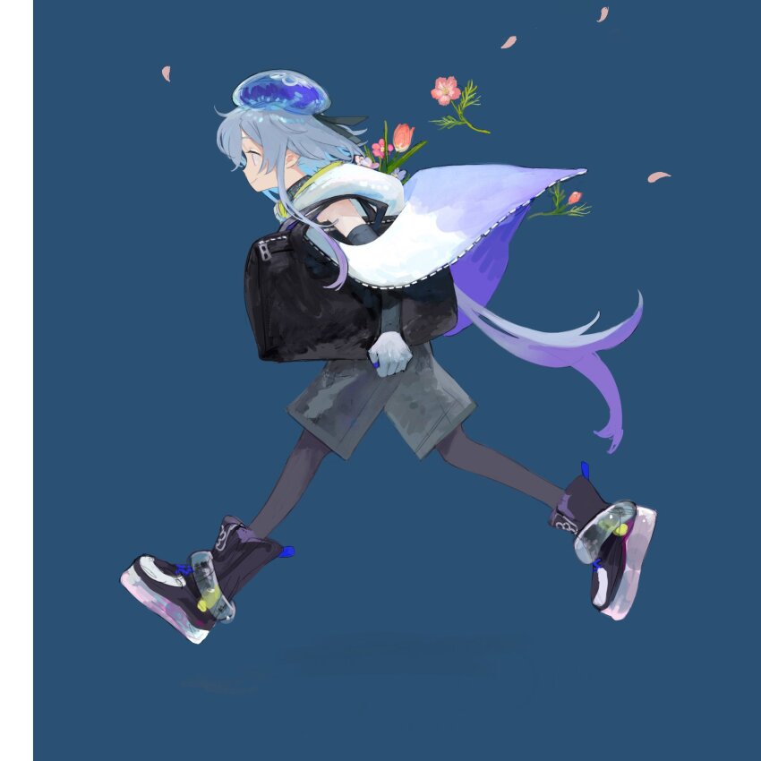 1boy arknights bag beret black_bag blue_background blue_hair border cape clothing_cutout detached_sleeves flower from_side hat highres holding holding_bag hood hooded_cape infection_monitor_(arknights) light_smile male_focus mizuki_(arknights) orange_flower pantyhose pantyhose_under_shorts petals running shoes short_hair_with_long_locks shorts solo trap white_border white_cape yomotobi