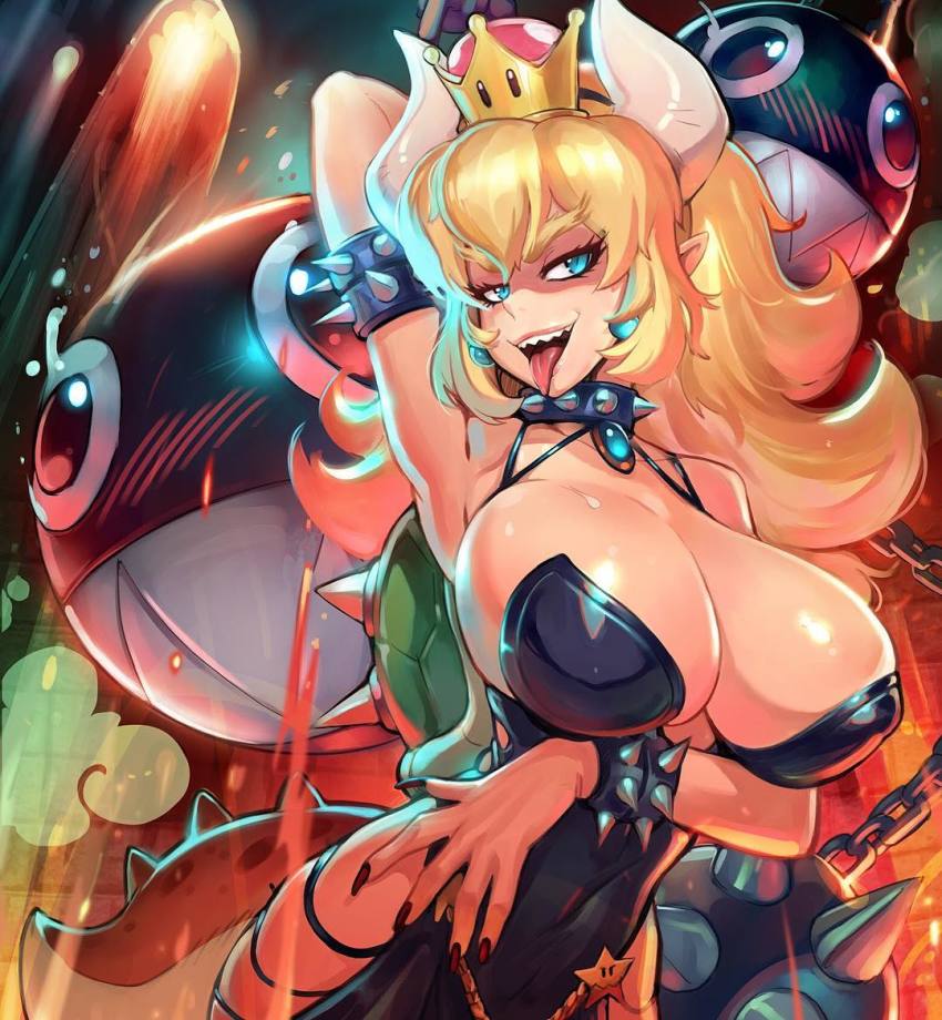 1girl arm_up armpits blonde_hair blue_eyes bowsette breasts cleavage crown female_focus gender_request genderswap horns large_breasts mario_(series) new_super_mario_bros._u_deluxe nintendo open_mouth reiq sharp_teeth solo teeth tongue tongue_out