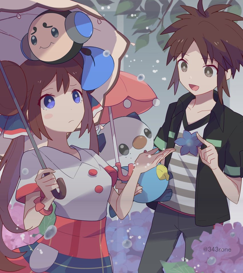 1boy 1girl 343rone black_shirt blue_eyes blush_stickers bright_pupils brown_hair buttons closed_mouth commentary_request double_bun gen_5_pokemon grey_pants hair_bun high-waist_skirt highres holding holding_umbrella long_hair looking_up nate_(pokemon) nintendo on_head open_clothes open_shirt oshawott pants pokemon pokemon_(creature) pokemon_bw2 pokemon_on_head pokestar_studios rosa_(pokemon) shirt short_sleeves skirt twintails twitter_username tympole umbrella undershirt water_drop