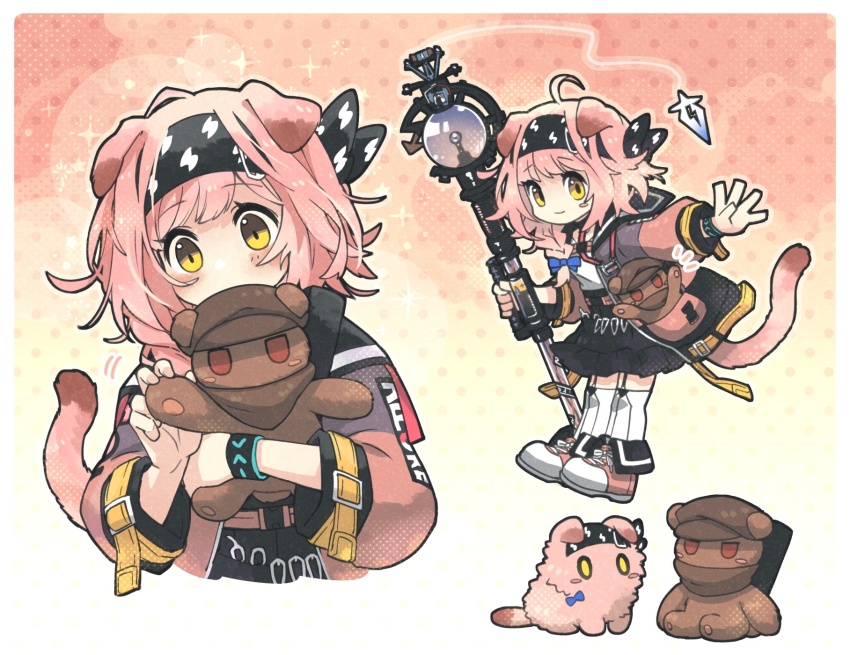 1girl animal animal_ears animalization arknights black_hairband black_skirt blue_bow blush_stickers bow braid cat cat_ears cat_girl cat_tail character_doll closed_mouth commentary_request doll frilled_skirt frills garter_straps goldenglow_(arknights) hair_bow hair_over_shoulder hairband highres holding holding_stuffed_toy jacket lightning_bolt_print long_hair long_sleeves morini_ochiteru multiple_views open_clothes open_jacket outstretched_arm over-kneehighs pink_jacket pink_shoes print_hairband puffy_long_sleeves puffy_sleeves red_(npc)_(arknights) red_eyes shirt shoes single_braid skirt smile stuffed_animal stuffed_toy tail teddy_bear thighhighs white_shirt white_thighhighs yellow_eyes