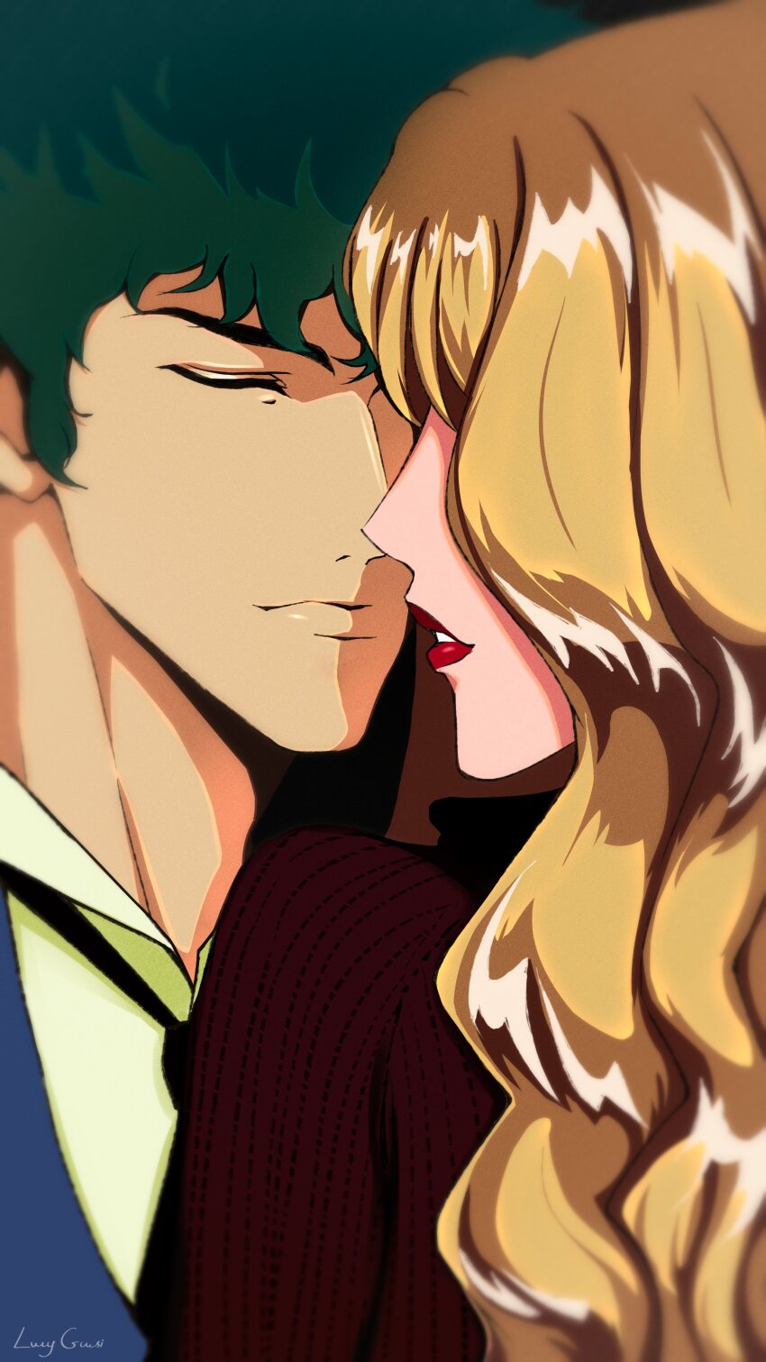 absurdres blonde_hair couple cowboy_bebop curly_hair green_hair highres julia_(cowboy_bebop) lucy_guusi lucyguusi necktie spike_spiegel sweater turtleneck turtleneck_sweater
