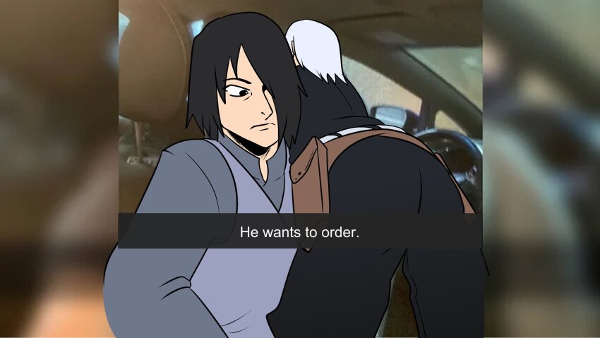 2boys ass ass_focus black_hair black_pants black_shirt boruto:_naruto_next_generations car_interior collared_shirt english_text frown hair_over_one_eye he_wants_to_order_(meme) highres hoozuki_suigetsu long_sleeves looking_at_ass male_focus meme multiple_boys naruto_(series) pants selfie shirt side-view_mirror spiked_hair steering_wheel uchiha_sasuke uchihassavior white_hair
