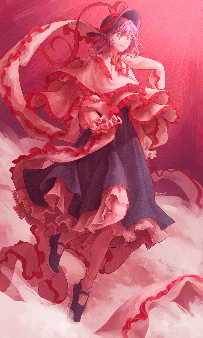 1girl absurdres black_hat black_shoes black_skirt bow closed_mouth fingernails frilled_skirt frills hat hat_bow hat_ribbon highres long_fingernails long_sleeves looking_at_viewer mary_janes nagae_iku nail_polish pointy_ears purple_hair red_background red_bow red_eyes red_nails red_ribbon red_theme ribbon shoes simple_background skirt socks solo somayumi touhou white_socks