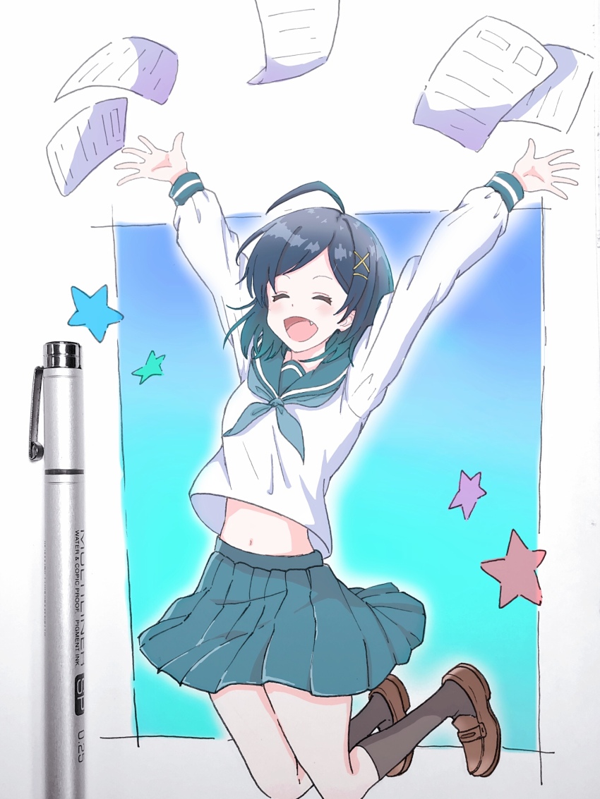 1girl ahoge arms_up art_tools_in_frame black_hair black_socks border closed_eyes commentary fang full_body green_neckerchief green_sailor_collar green_serafuku green_skirt hair_ornament happy highres hikigaya_komachi jumping kneehighs light_(lightpicture33) loafers marker marker_(medium) navel neckerchief open_mouth outside_border papers photo_(medium) plaid_clothes plaid_skirt sailor_collar school_uniform serafuku shirt shoes short_hair skirt socks solo star_(symbol) traditional_media white_border white_shirt x_hair_ornament yahari_ore_no_seishun_lovecome_wa_machigatteiru.