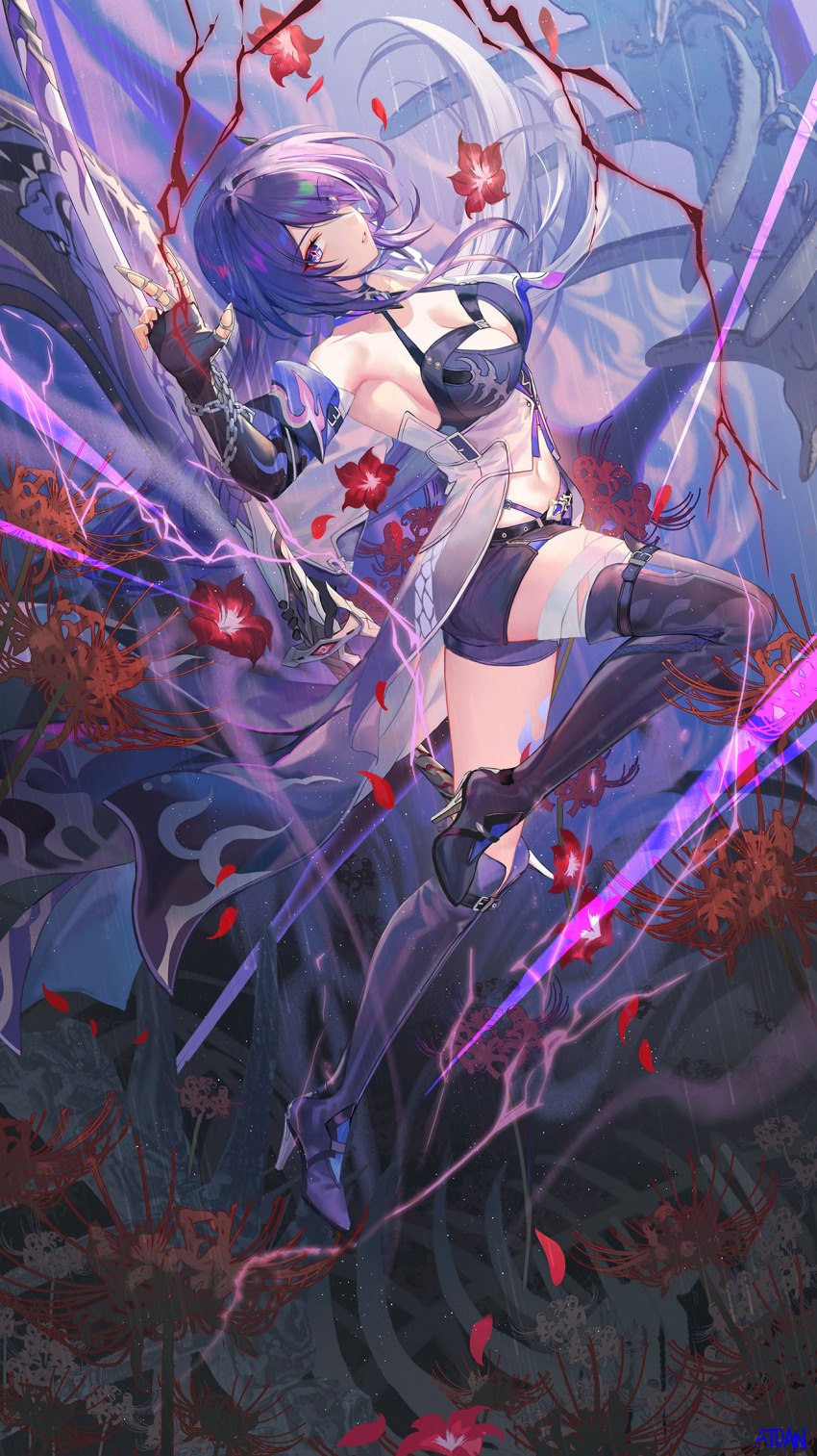 acheron_(honkai:_star_rail) armor atdan bad_tag bandage_(bandages) bare_shoulders bent_knee_(knees) boots breasts chain electricity female flower_(flowers) full_body gauntlets hair_over_one_eye highres honkai:_star_rail honkai_(series) knee_boots large_breasts light_erotic long_hair long_image looking_at_viewer midriff parted_lips purple_eyes purple_hair single tall_image thigh_boots