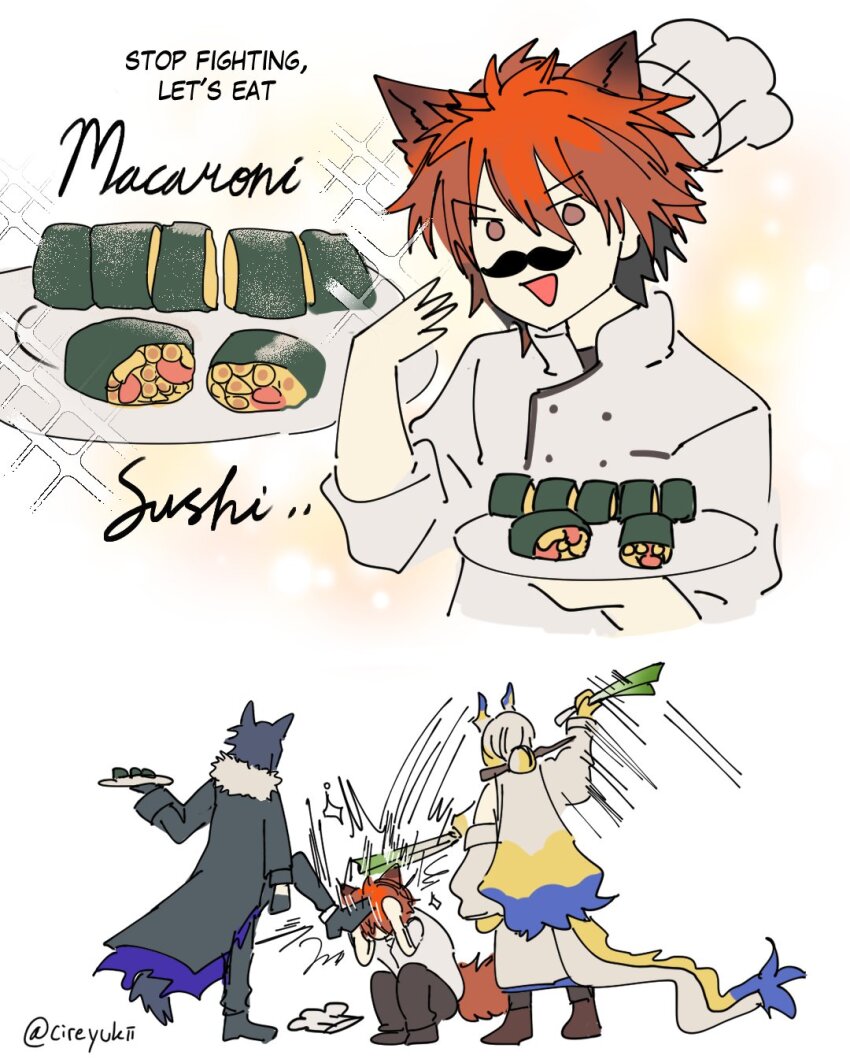1girl 2boys animal_ears arknights beating black_hair blonde_hair blue_hair chiave_(arknights) english_text fake_facial_hair fake_mustache food grey_hair highres holding holding_plate multicolored_hair multiple_boys open_mouth pasta plate red_hair short_hair shu_(arknights) spring_onion streaked_hair sushi tail vigil_(arknights) wolf_boy wolf_ears wolf_tail yukii
