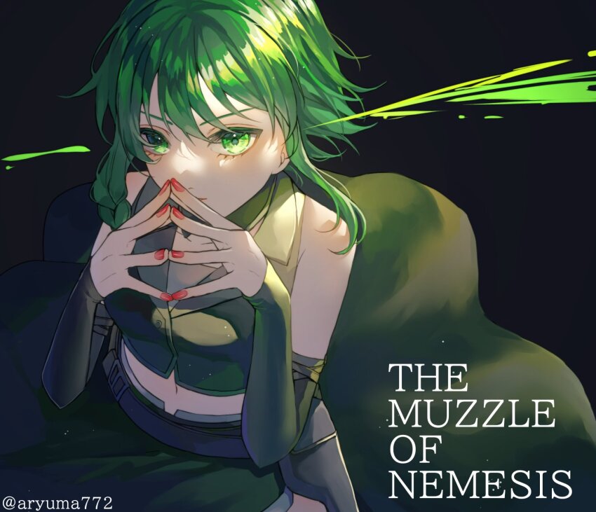 1girl aryuma772 bare_shoulders blood braid clothing_cutout collar collarbone collared_shirt crop_top detached_collar detached_sleeves evillious_nendaiki green_blood green_eyes green_hair grey_collar grey_shirt grey_sleeves highres holster looking_at_viewer midriff navel nemesis_no_juukou_(vocaloid) nemesis_sudou paint_splatter red_nails shirt side_braid side_cutout sidelocks skirt_cutout sleeveless sleeveless_shirt solo song_name steepled_fingers twitter_username vocaloid wavy_hair