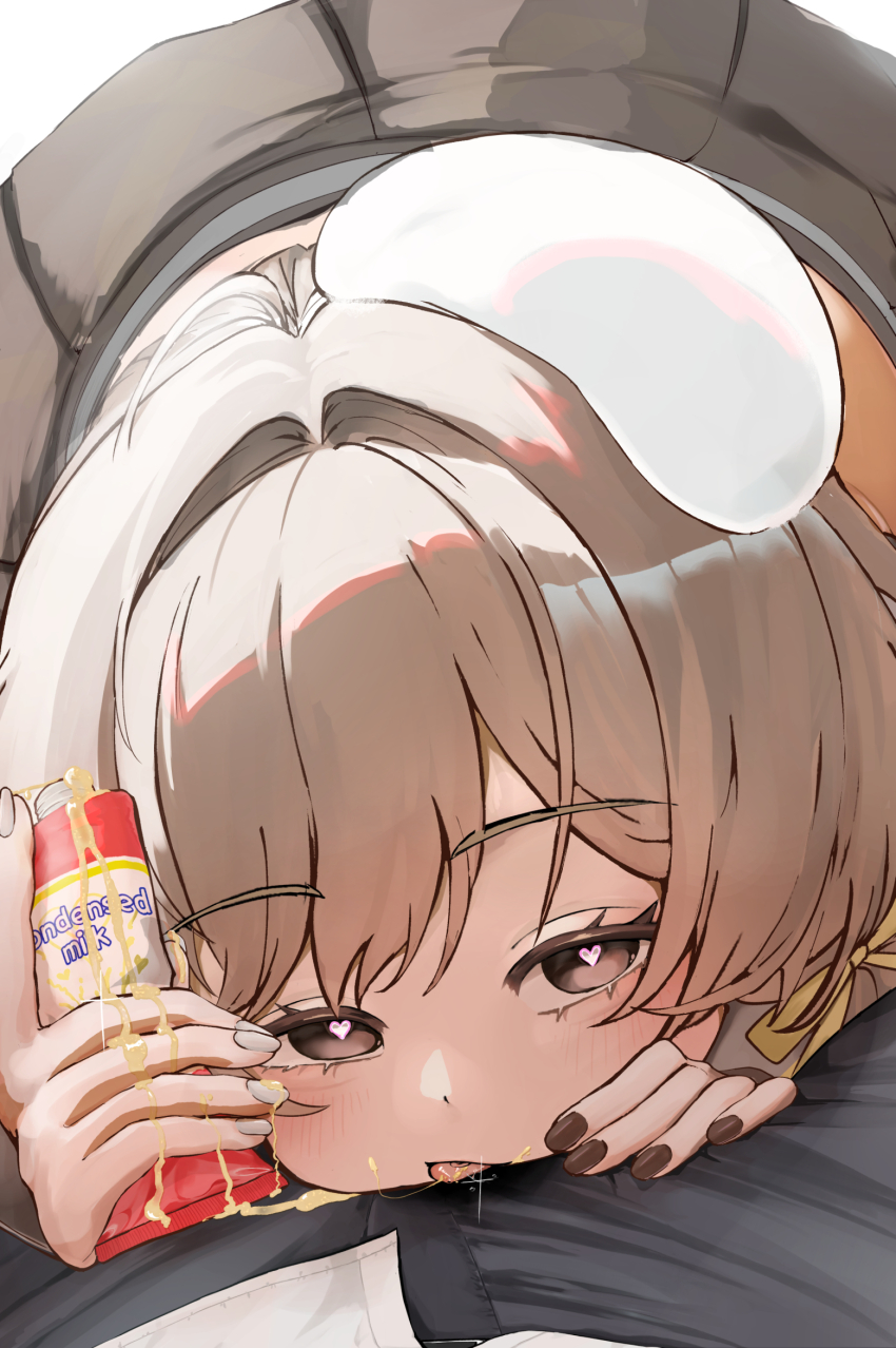 1boy 1girl amaairito beret black_nails blush bready_(nikke) brown_eyes brown_hair close-up condensed_milk drooling face_in_crotch food_on_crotch goddess_of_victory:_nikke hat heart heart-shaped_pupils licking lying_on_person saliva saliva_trail skirt symbol-shaped_pupils tongue tongue_out white_hat