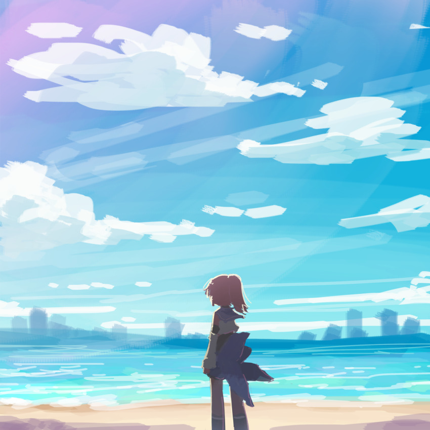 1girl arm_at_side assault_lily beach black_boots blue_sailor_collar blue_skirt blue_sky boots brown_hair brown_pantyhose building cloud commentary_request crop_top day detached_sleeves facing_away feet_out_of_frame from_behind highres horizon long_sleeves medium_hair miniskirt nagasawa_yuki_(assault_lily) ocean odaiba_girls_high_school_uniform outdoors pantyhose ponytail ruins sailor_collar school_uniform serafuku shirt skirt sky skyscraper sleeveless sleeveless_shirt solo standing teisuu undershirt waist_cape white_shirt