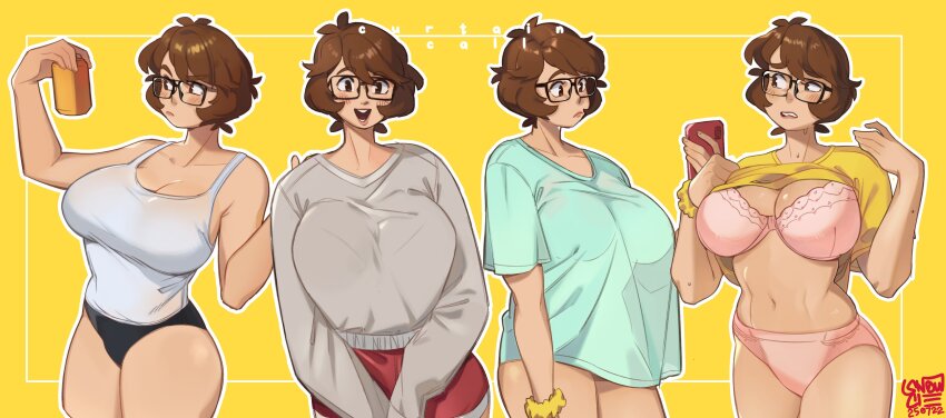 1girl absurdres black-framed_eyewear black_shorts bra breasts brown_eyes brown_hair can cleavage curtain_call_challenge_(meme) glasses highres holding holding_can large_breasts looking_at_viewer looking_down meme multiple_views navel nervous open_mouth original panties pink_bra pink_panties purple_sweater rectangular_eyewear red_shorts shirt_tucked_in shorts smile snowcie snowciel_(snowcie) stomach sweat sweater tank_top underwear white_tank_top yellow_background